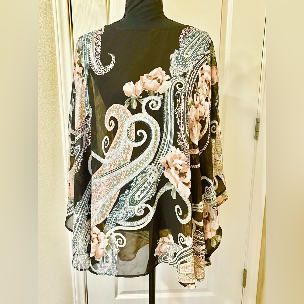 Bob Mackie 3X Black Sheer Rose Paisley Poncho Kimono topper pink floral flutter - Picture 13 of 14